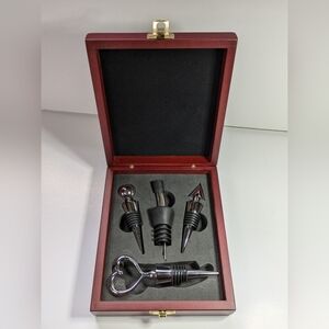 Wine Bottle Stoppers & Pourer Part Accessory Set in Hinged Wooden Box Liebherr